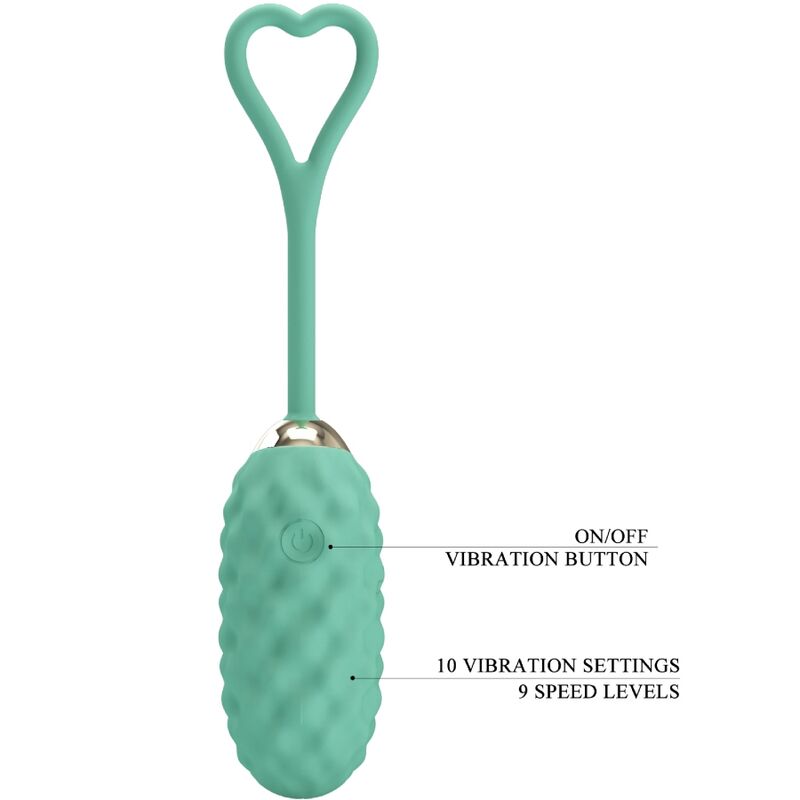 Vibrador huevo control remoto verde de la marca PRETTY LOVE LED, con diseño compacto y funcionalidad inalámbrica.