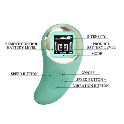 Vibrador huevo control remoto verde de la marca PRETTY LOVE LED, diseño compacto y discreto para placer íntimo.