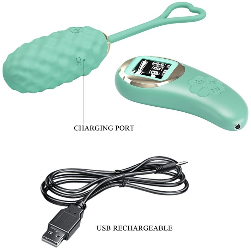 Huevo vibrador control remoto PRETTY LOVE VIVIAN en color verde, con diseño compacto y control inalámbrico, marca PRETTY LOVE LED.