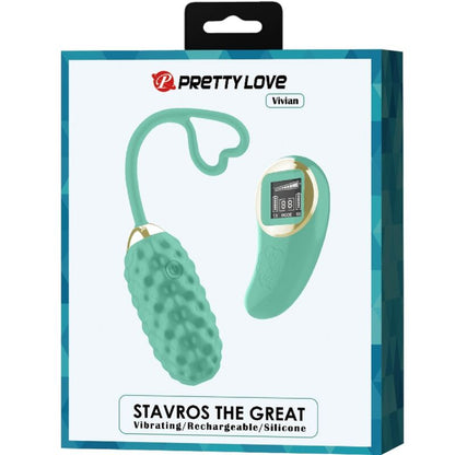 Vibrador huevo control remoto de color verde de la marca PRETTY LOVE LED, diseñado para placer íntimo.