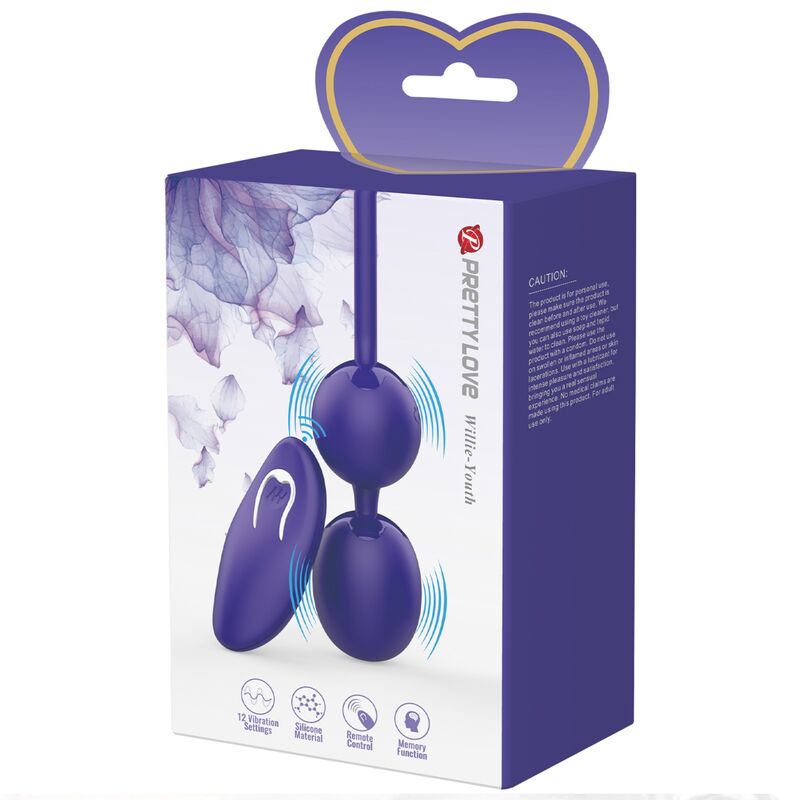 Bolas de control remoto Pretty Love Willie Youth con vibración violeta, diseño elegante y funcionalidad a distancia.