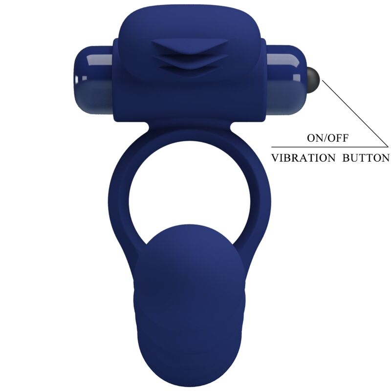 Anillo vibrador azul de la marca PRETTY LOVE MALE con plug, diseñado para placer y estimulación íntima.