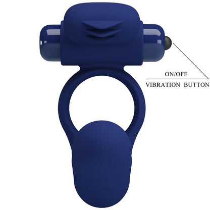 Anillo vibrador azul de la marca PRETTY LOVE MALE con plug, diseñado para placer y estimulación íntima.