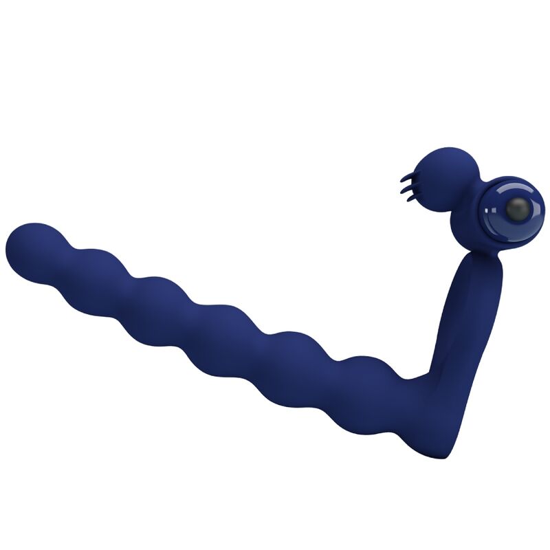 Anillo vibrador PRETTY LOVE AJMAL con plug azul, diseñado para placer masculino, en una superficie blanca.