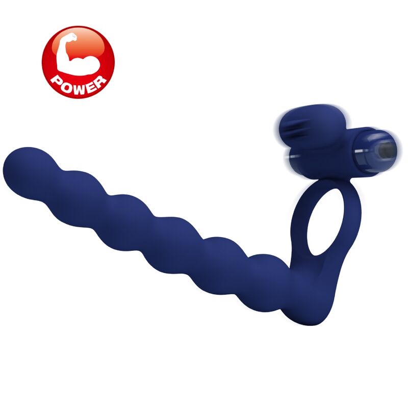 Anillo vibrador azul de la marca PRETTY LOVE MALE, con plug, diseñado para placer y estimulacion, en un fondo neutro.