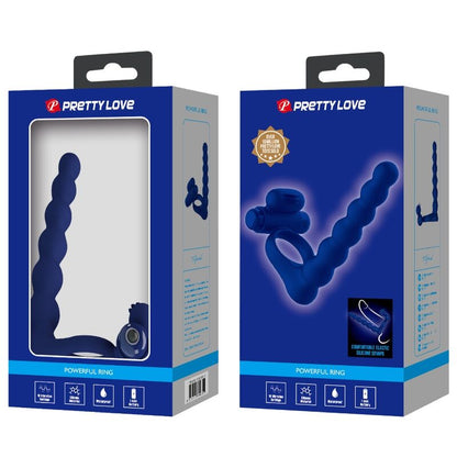 Anillo vibrador PRETTY LOVE AJMAL con plug azul, diseñado para placer masculino, con detalles en silicona y tamaño compacto.