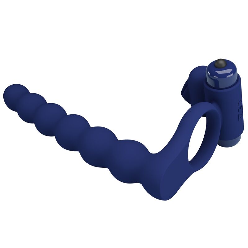 Anillo vibrador azul de PRETTY LOVE MALE con plug, diseñado para placer y estimulación, en una imagen con fondo neutro.