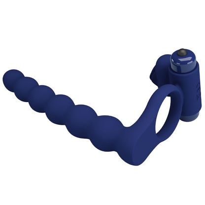 Anillo vibrador azul de PRETTY LOVE MALE con plug, diseñado para placer y estimulación, en una imagen con fondo neutro.