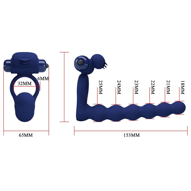 Anillo vibrador PRETTY LOVE AJMAL con plug azul, diseño resistente y cómodo, ideal para placer y estimulación masculina.