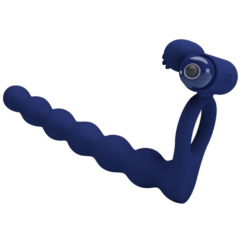 Anillo vibrador para hombres de la marca PRETTY LOVE MALE en color azul, con plug y diseño ergonómico visible en la imagen.