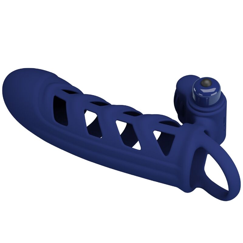 Anillo vibrador PRETTY LOVE ALTAF con funda de silicona azul y control en el centro, diseño ergonómico y suave en la imagen.