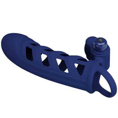Anillo vibrador PRETTY LOVE ALTAF con funda de silicona azul y control en el centro, diseño ergonómico y suave en la imagen.