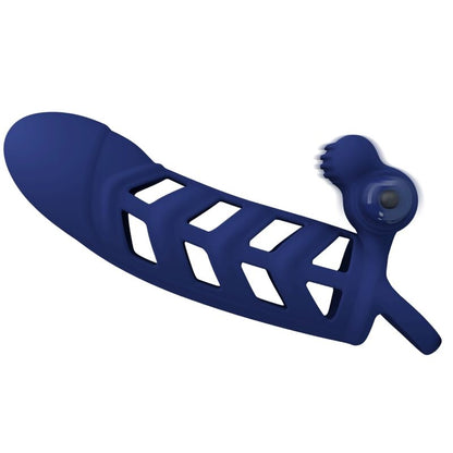 Anillo vibrador de silicona azul de la marca Pretty Love Male, con funda de silicona y diseño ajustado para uso íntimo.