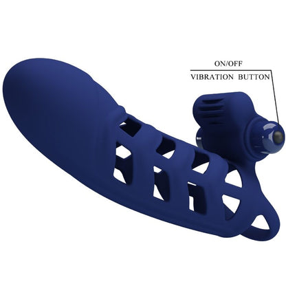 Anillo vibrador PRETTY LOVE ALTAF con funda de silicona azul, diseñado para placer masculino, en un fondo neutro.