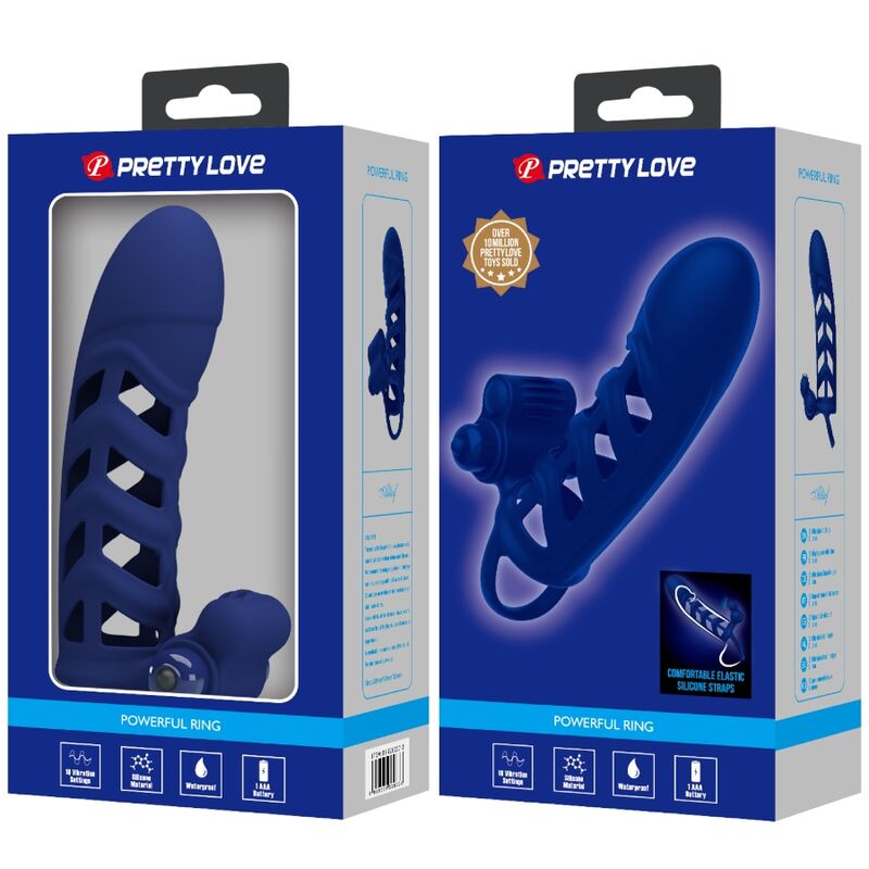 Anillo vibrador PRETTY LOVE ALTAF con funda de silicona azul, diseñado para estimulación masculina y comodidad.