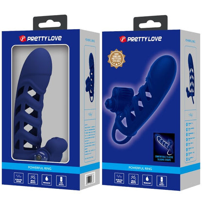 Anillo vibrador PRETTY LOVE ALTAF con funda de silicona azul, diseñado para estimulación masculina y comodidad.