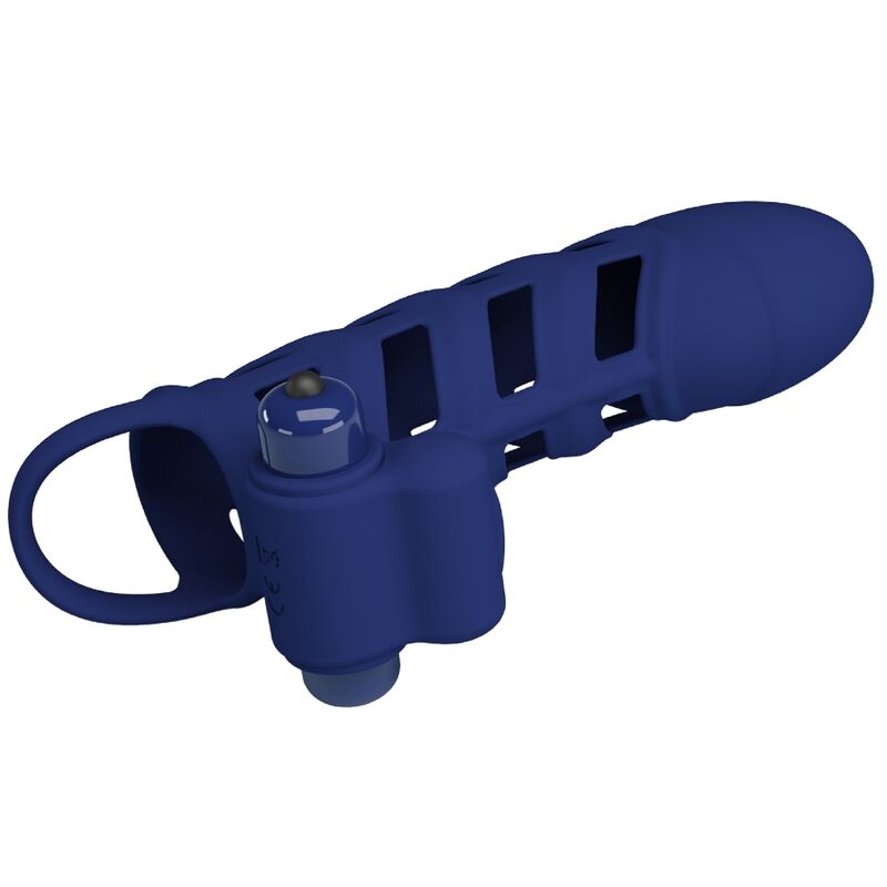 Anillo vibrador de silicona azul de la marca PRETTY LOVE MALE, con funda de silicona, diseñado para placer y estimulación.
