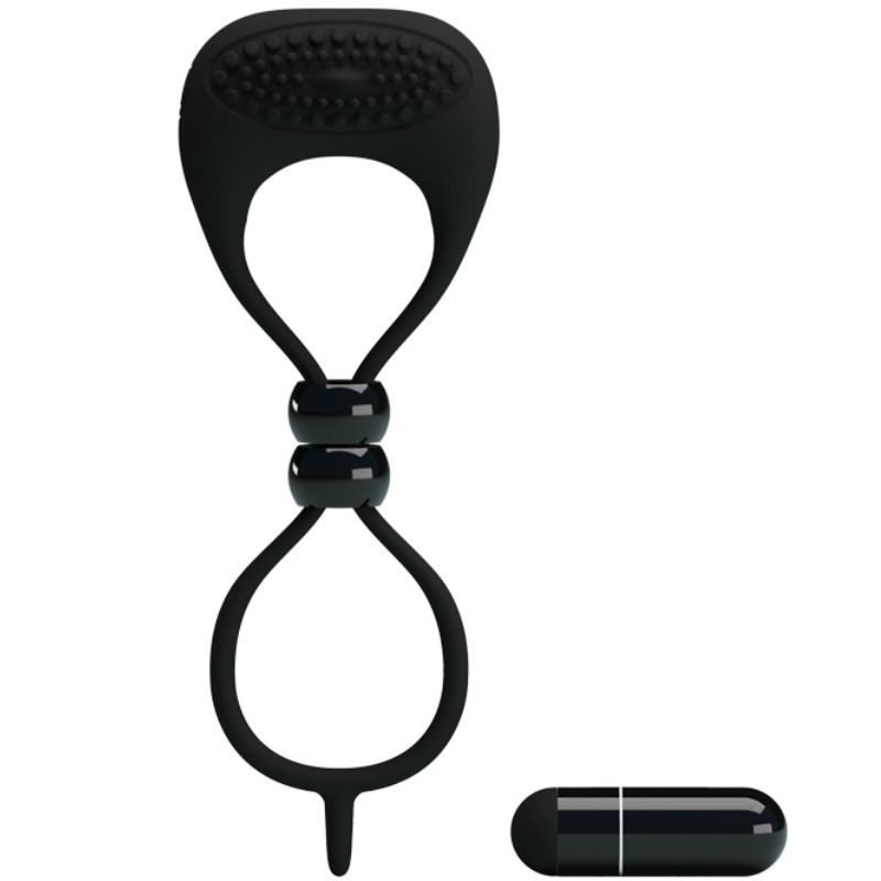 Anillo doble para pene y testículos de la marca PRETTY LOVE MALE, hecho de material flexible en color negro.