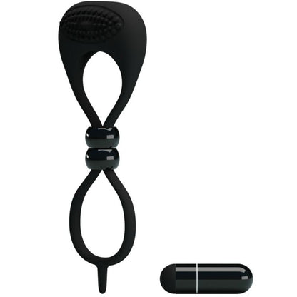 Anillo doble para pene y testículos de la marca PRETTY LOVE MALE, en color negro, mostrado en una vista frontal.