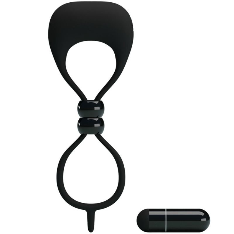 Anillo doble para pene y testículos de la marca PRETTY LOVE MALE, hecho de material elástico y resistente, en color negro.
