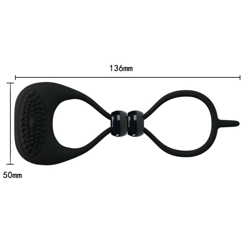 Anillo doble para pene y testículos de la marca Pretty Love Male, en color negro, ajustado y con diseño de silicona duradera.