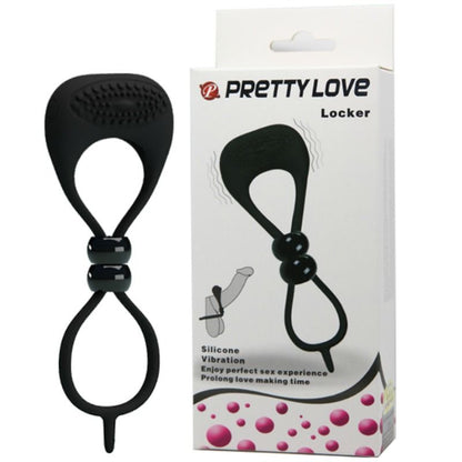Anillo doble para pene y testículos de la marca PRETTY LOVE MALE, en color negro, diseñado para estimulación y restricción.