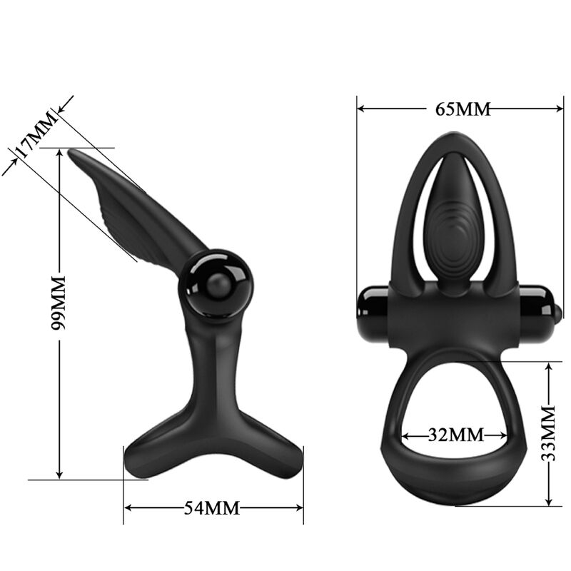 Anillo vibrador de silicona negro con 10 vibraciones, diseñado por PRETTY LOVE MALE, mostrando su textura y botón de control.