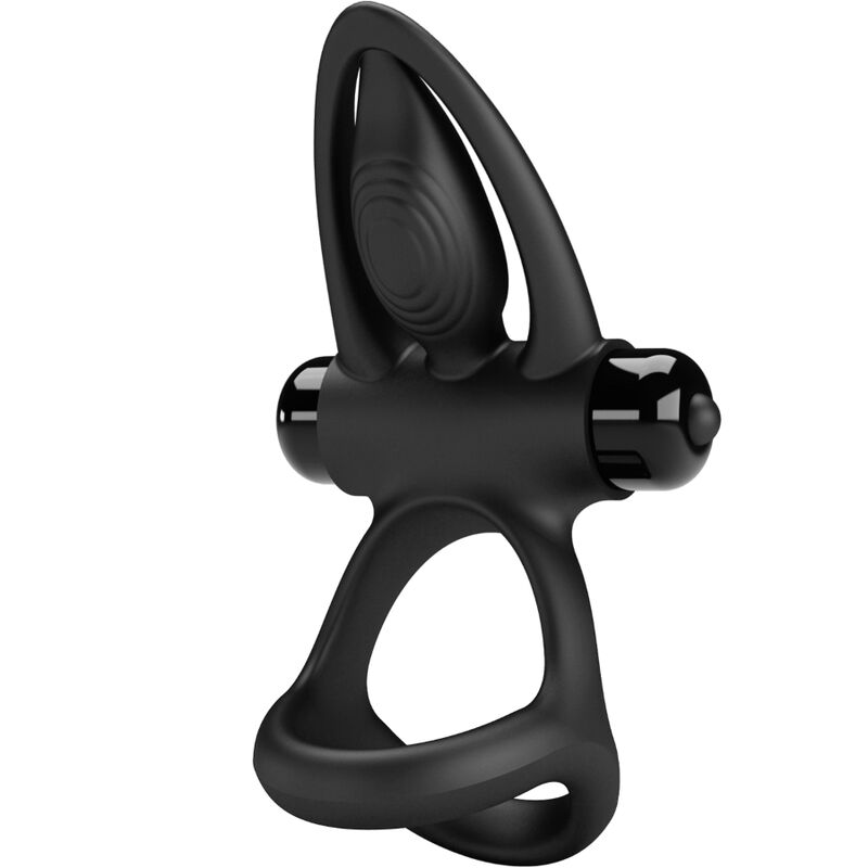Anillo vibrador de silicona negro de la marca PRETTY LOVE MALE, con 10 vibraciones y diseño ergonómico.