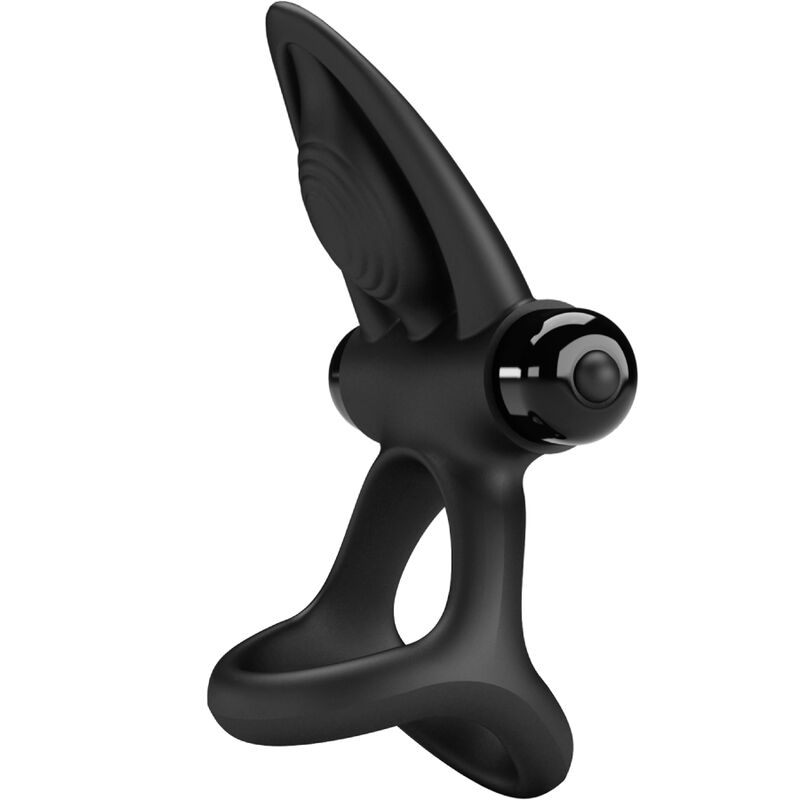Anillo vibrador de silicona negro de PRETTY LOVE MALE con 10 vibraciones, diseñado para placer y estimulación.