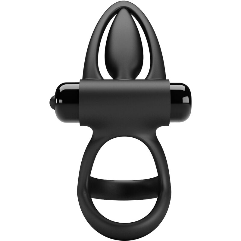 Anillo vibrador de silicona negro con 10 vibraciones, de la marca PRETTY LOVE MALE, mostrado en primer plano.
