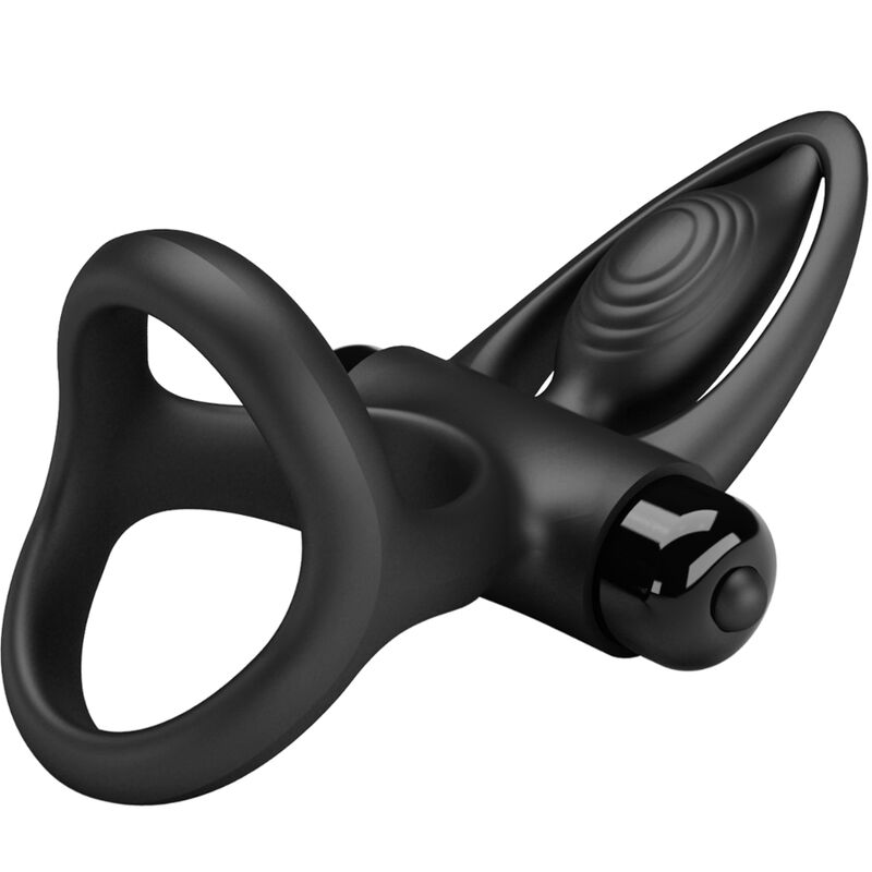 Anillo vibrador de silicona negro de la marca PRETTY LOVE MALE con 10 modos de vibración, visible en la imagen.