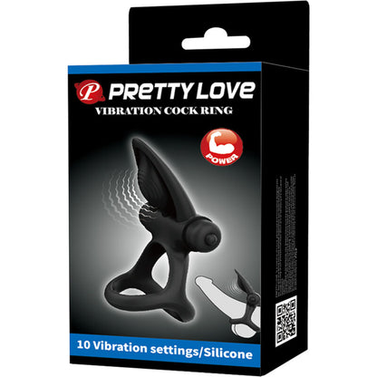 Anillo vibrador de silicona negro con 10 vibraciones, diseñado por PRETTY LOVE MALE, mostrado en primer plano.