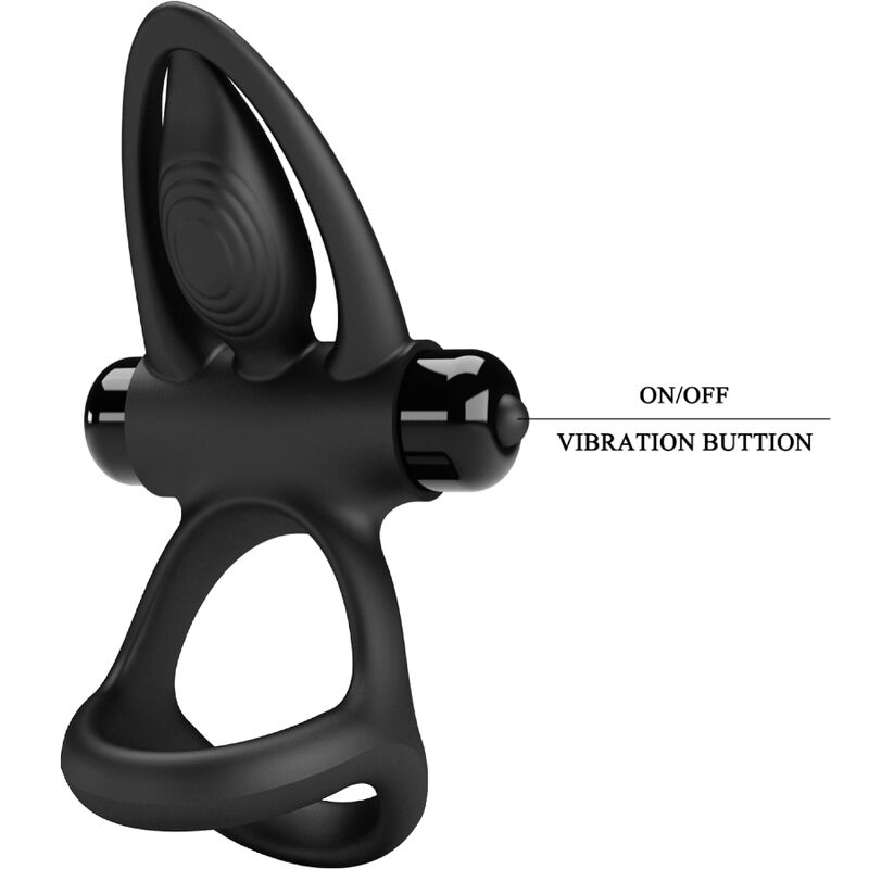 Anillo vibrador de silicona negro de la marca PRETTY LOVE MALE con 10 vibraciones, diseñado para placer íntimo.