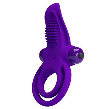 Anillo vibrador para pene de color morado de la marca PRETTY LOVE MALE, con diseño compacto y ajustable para placer íntimo.