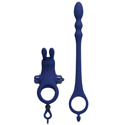 Pretty Love Ayad rabbit vibrator ring in blue with a plug, showcasing its sleek design and dual stimulation features.