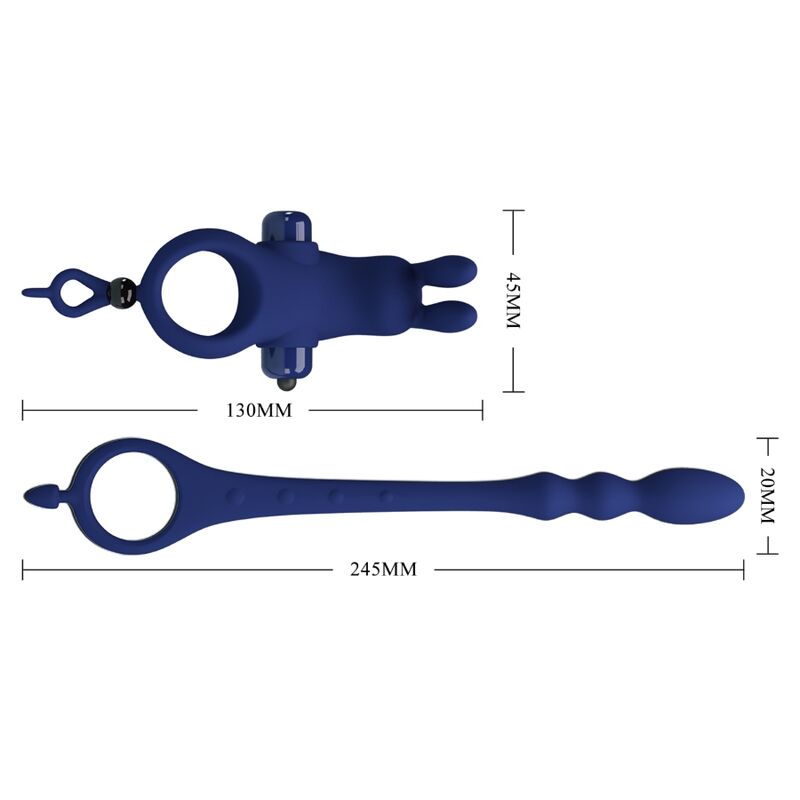 Blue rabbit vibrator ring with plug by Pretty Love, showcasing its smooth design and dual stimulation features.