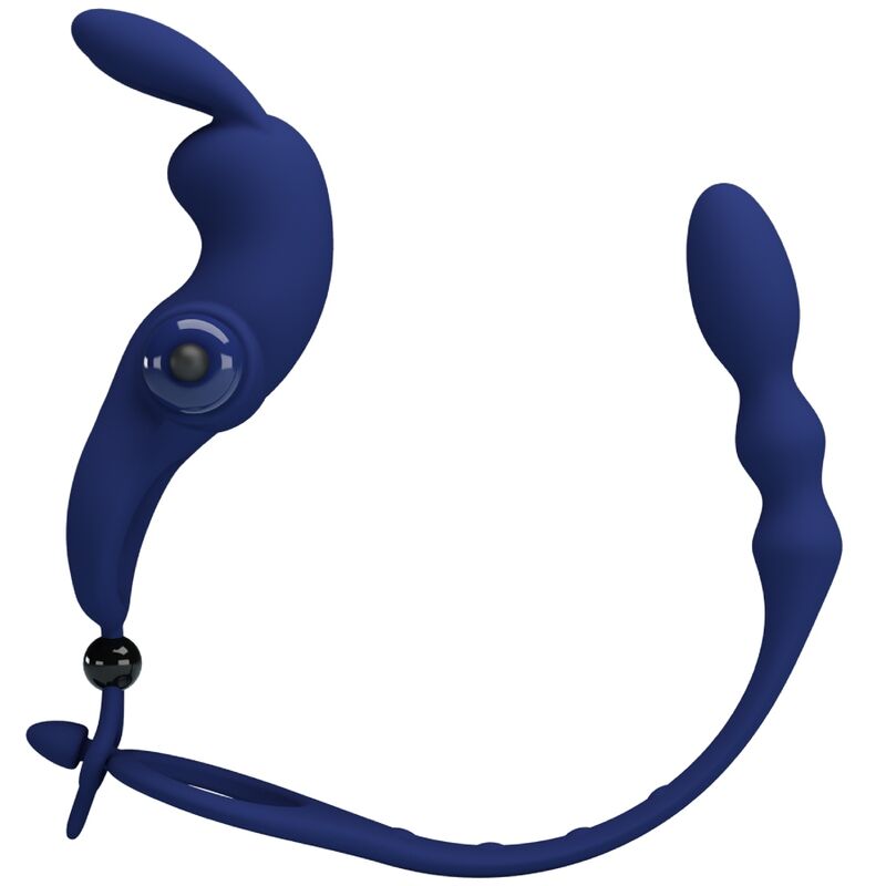 Blue Pretty Love Ayad rabbit vibrator ring with plug, showcasing its dual stimulation design and textured surface.