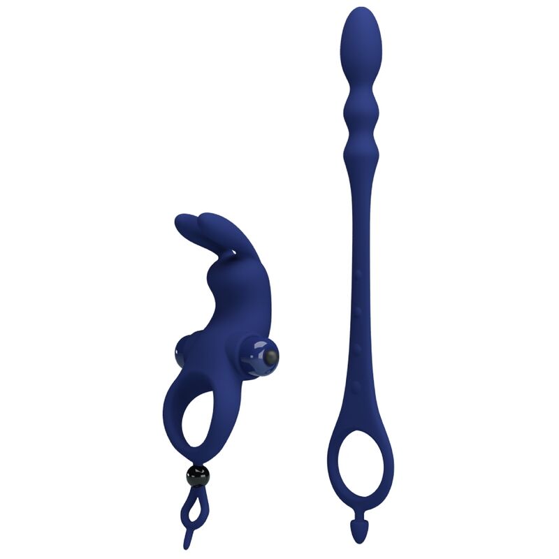 Pretty Love Ayad rabbit vibrator ring with blue plug, showcasing ergonomic design and textured surface for enhanced pleasure.