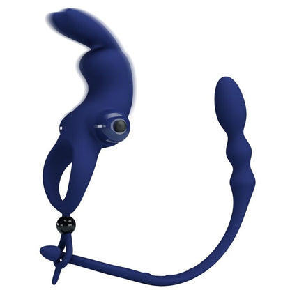 Pretty Love Ayad rabbit vibrator ring with blue plug, showcasing a flexible design and textured details for enhanced pleasure.