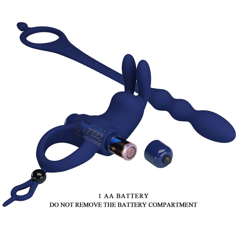 Blue Pretty Love Ayad rabbit vibrator ring with plug, showcasing its sleek design and dual stimulation features.