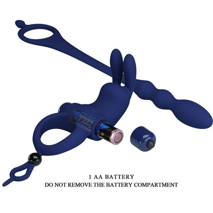 Blue Pretty Love Ayad rabbit vibrator ring with plug, showcasing its sleek design and dual stimulation features.