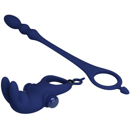 Blue Pretty Love Ayad rabbit vibrator ring with plug, showcasing its sleek design and dual stimulation features.