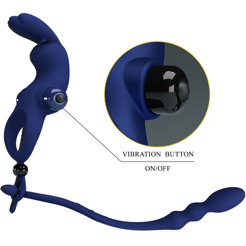Blue Pretty Love Ayad rabbit vibrator ring with plug, showcasing its sleek design and dual stimulation features.