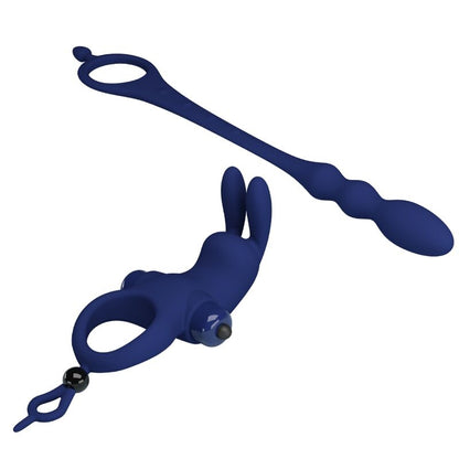 Blue rabbit vibrator ring with plug from Pretty Love, showcasing ergonomic design and textured surface for pleasure.