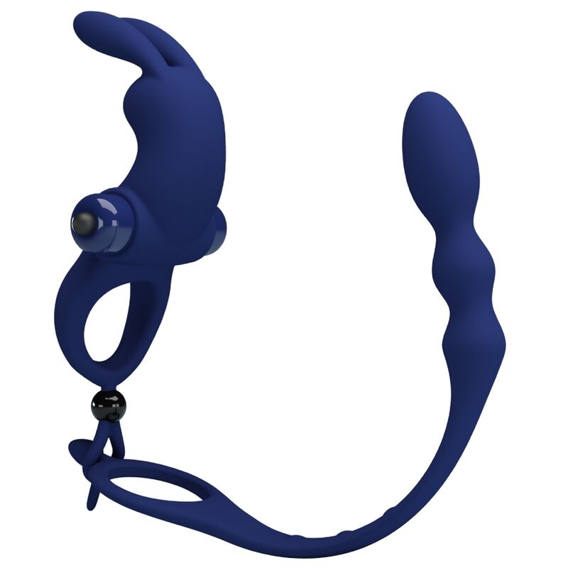 Blue PRETTY LOVE AYAD rabbit vibrator ring with plug, showcasing its ergonomic design and dual stimulation features.