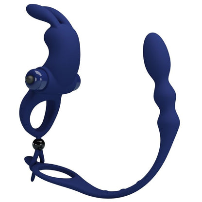 Blue PRETTY LOVE AYAD rabbit vibrator ring with plug, showcasing its ergonomic design and dual stimulation features.