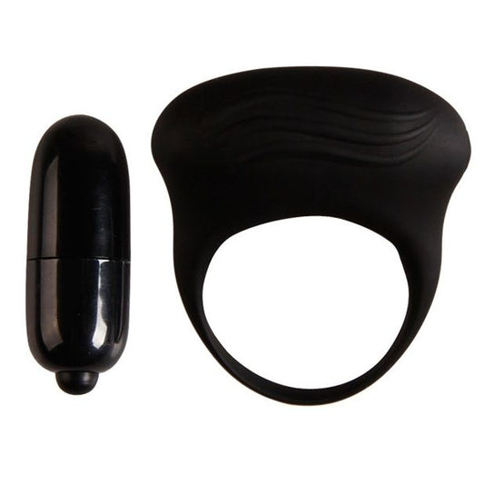 Anillo vibrador negro de la marca PRETTY LOVE MALE, con diseño ergonómico y textura suave para placer y estimulación.
