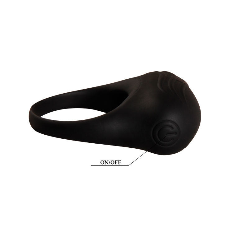 Anillo vibrador negro de la marca PRETTY LOVE MALE, diseñado para uso íntimo con textura y tamaño ajustable.
