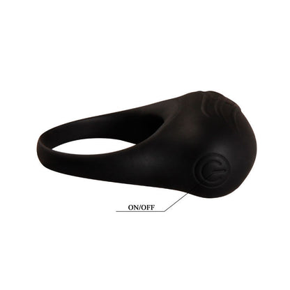 Anillo vibrador negro de la marca PRETTY LOVE MALE, diseñado para uso íntimo con textura y tamaño ajustable.