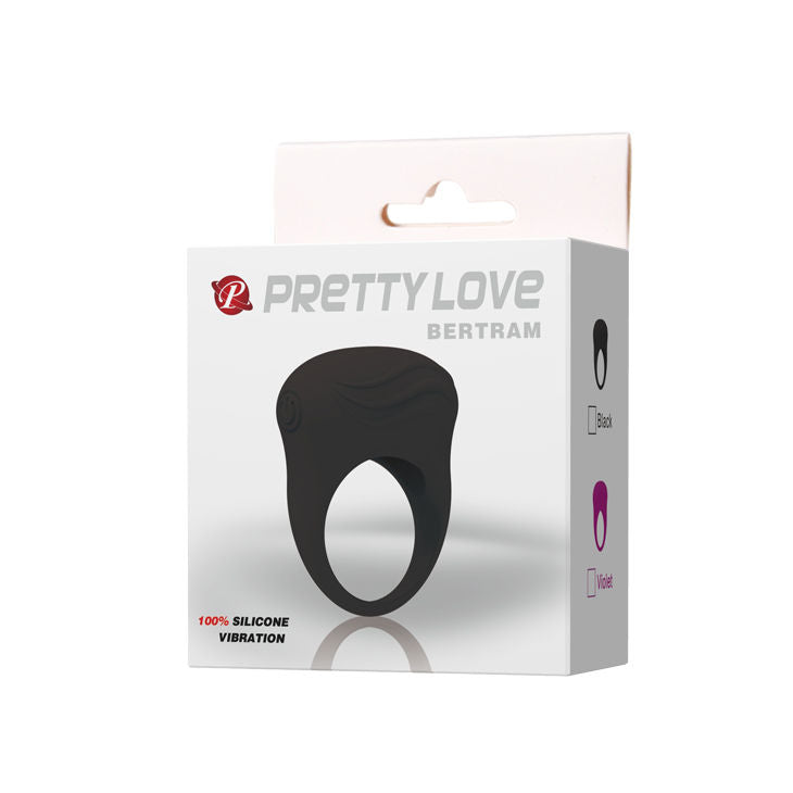Anillo vibrador negro de la marca Pretty Love Male, diseñado para estimulación masculina con textura y tamaño ajustable.